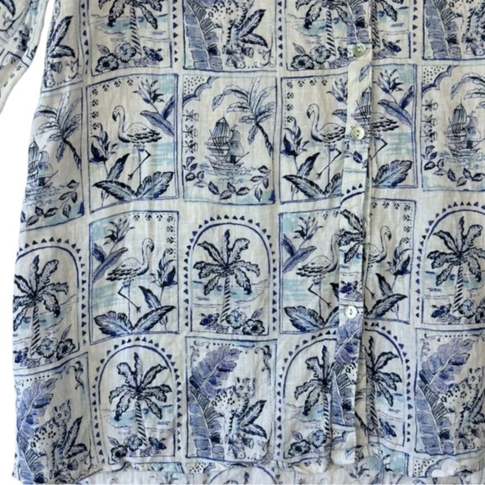 C&C California‎ Women’s M 100% Linen Button Up Nautical Print Long Sleeve Tunic - Picture 2 of 6